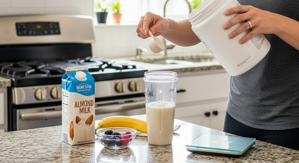 Person adding protein powder to a blender bottle