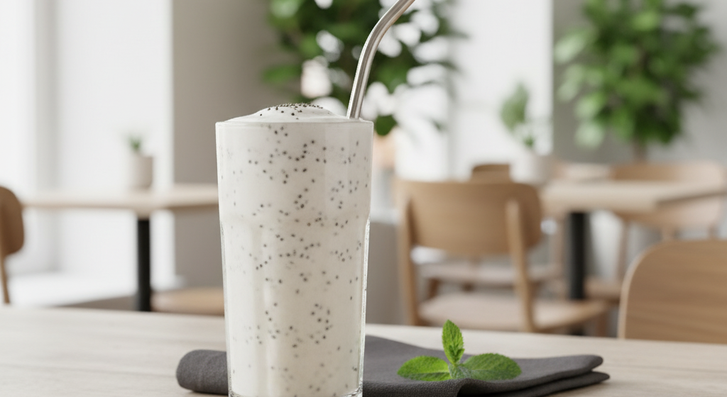 Creamy sprouted protein cocktail on a café table with blurred background