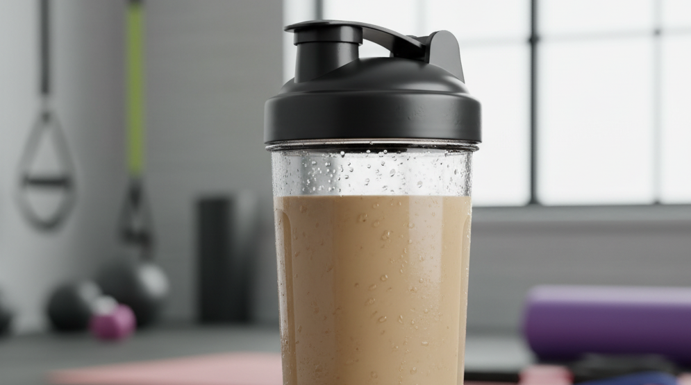 A protein shake in a shaker bottle with a scoop of protein powder next to it, set against a blurred gym background.