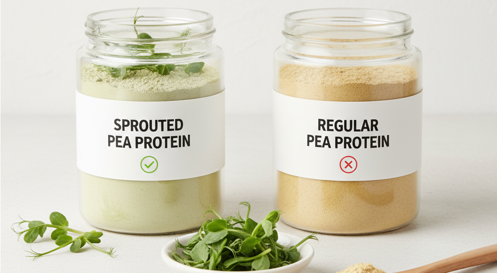 Two clear glass jars, one labeled "SPROUTED PEA PROTEIN" and the other "REGULAR PEA PROTEIN," sit side-by-side. The sprouted protein is a light green color, and the regular protein is a pale tan color. A small white bowl in front contains fresh pea sprouts.