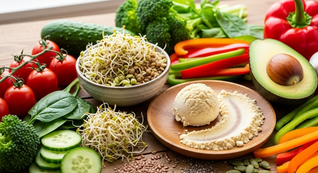 Assortment of sprouted seeds, protein powder, and fresh vegetables on wooden table