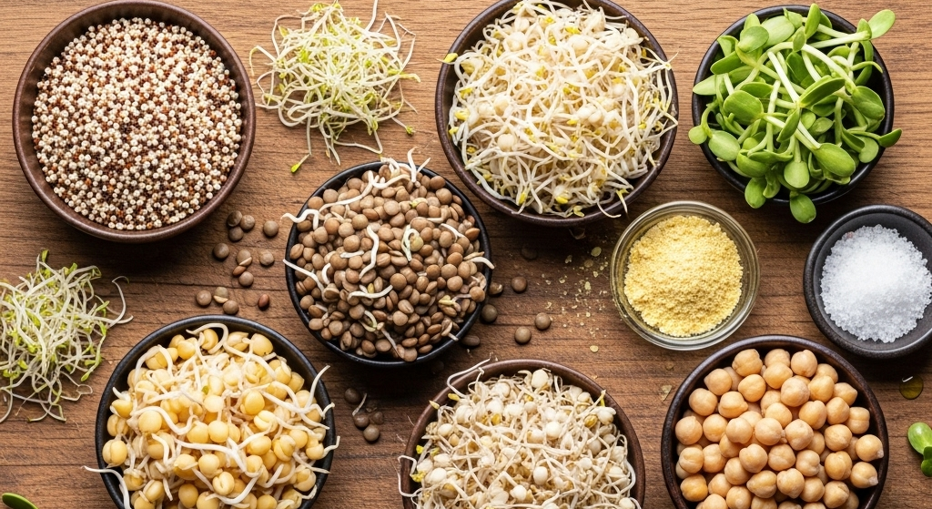 Various sprouted seeds and legumes displayed on a wooden board