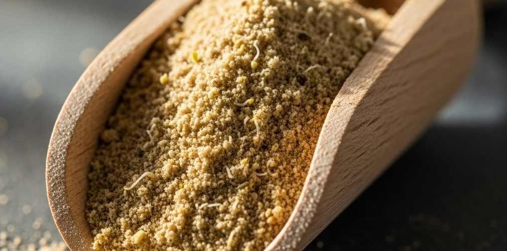 Wooden scoop filled with sprouted protein powder on a rustic table