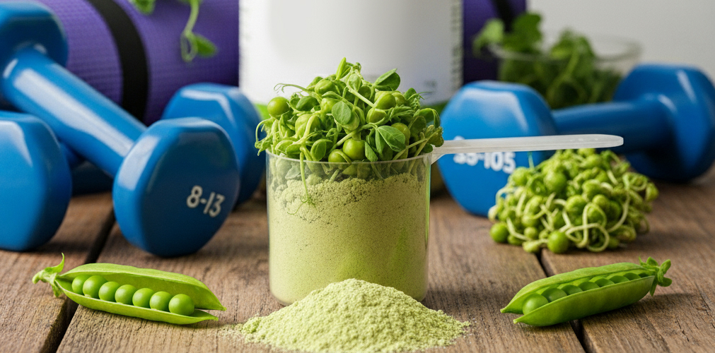 A scoop of green sprouted protein powder sits on a wooden table, next to two opened pea pods and a pile of green sprouts. Two blue dumbbells and a purple yoga mat are in the background.