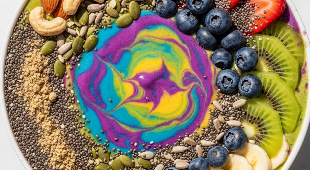 Top view of colorful smoothie bowl with sprouted protein powder and toppings
