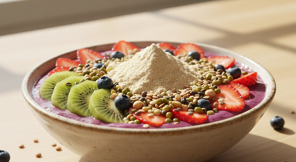 Smoothie bowl with sprouted protein and fruits
