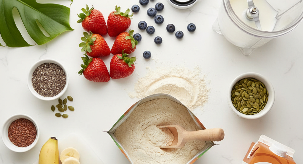 Fruits, almond milk, and sprouted protein powder ready for blending