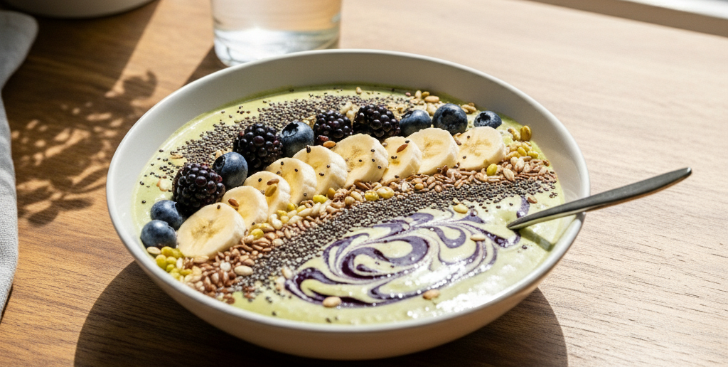 Oatmeal topped with sprouted protein and fresh fruits