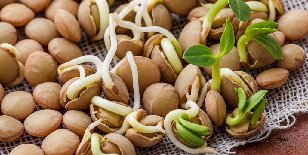 Fresh green lentils sprouting in a tray