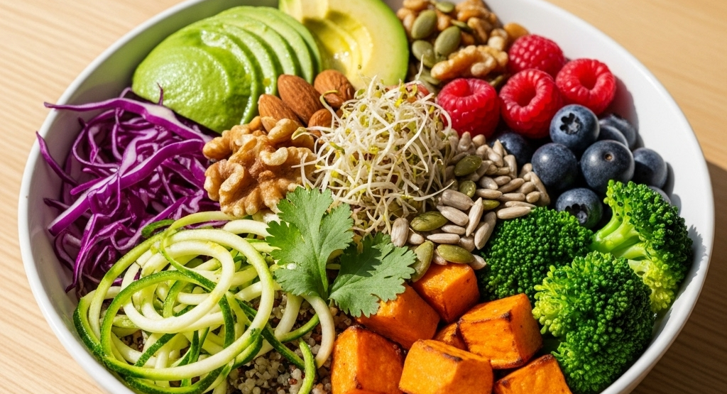 Colorful bowl with sprouted protein, fruits, and nuts