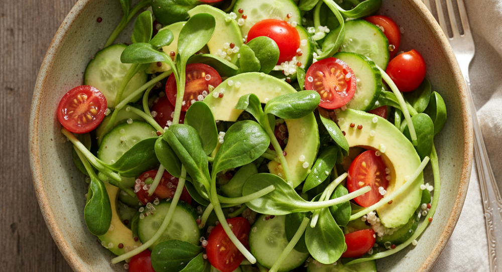 Overhead view of a salad bowl featuring bright green sunflower sprouts, avocado slices, cherry tomatoes, and cucumber.