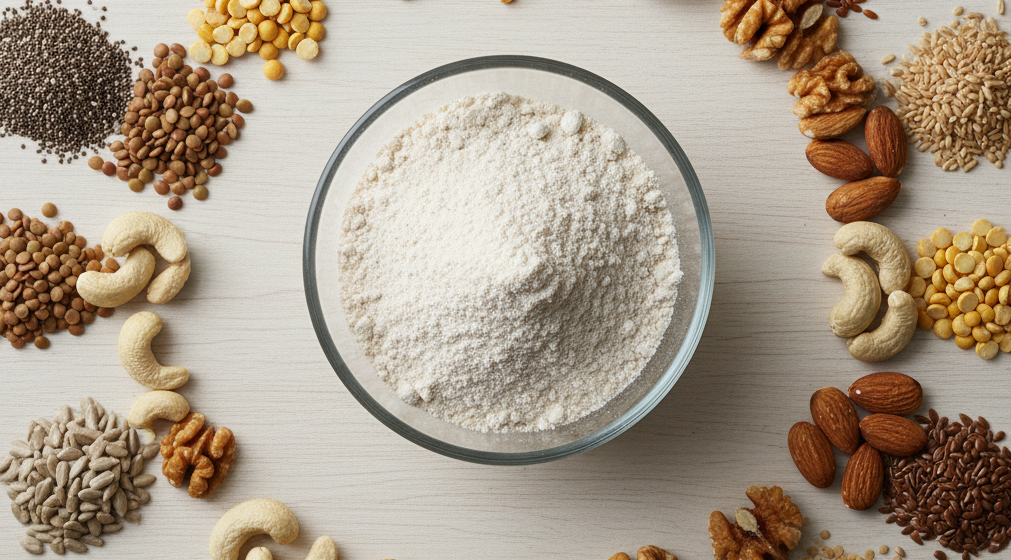 Flat lay of sprouted protein powder with seeds, legumes, and grains