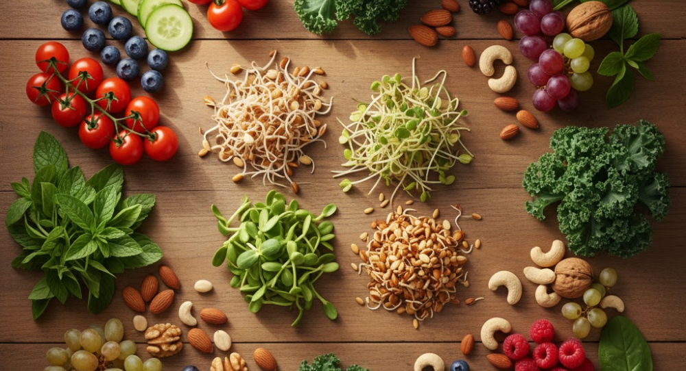 Assorted ingredients for an anti-aging diet including sprouted seeds