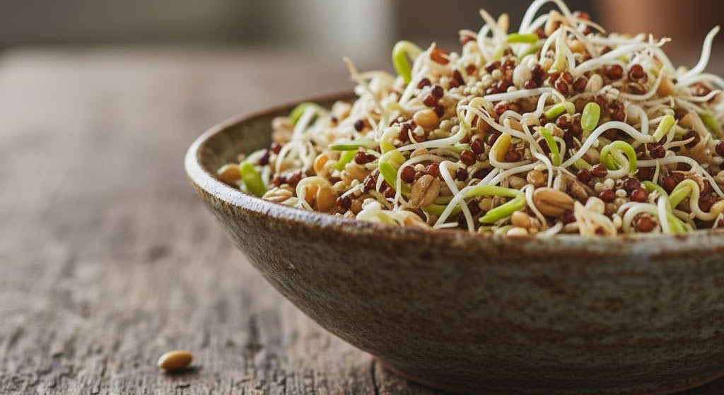 Mixed sprouted seeds showing natural enzymes and antioxidants.