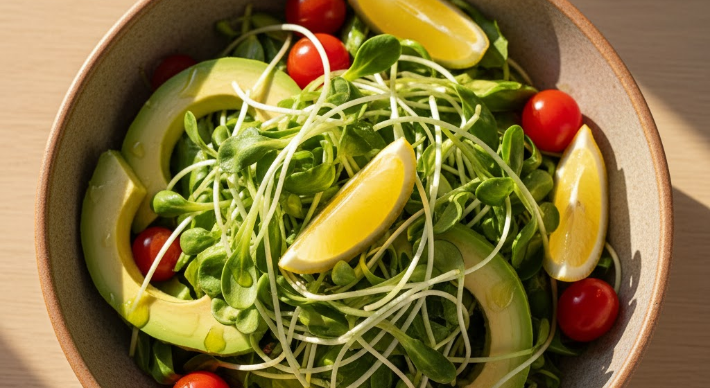 Colorful salad with sunflower sprouts and avocado