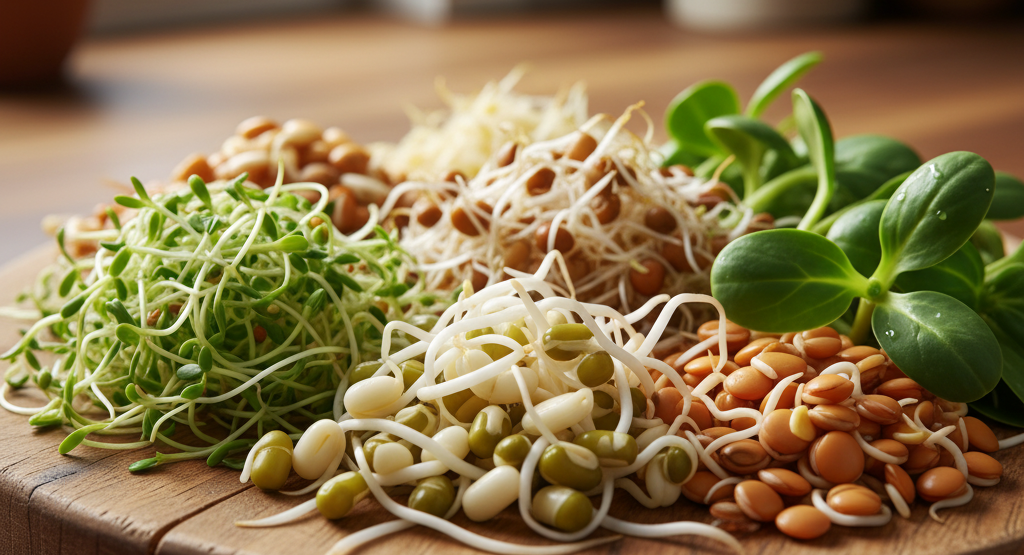 Variety of fresh sprouted seeds on a wooden platter.