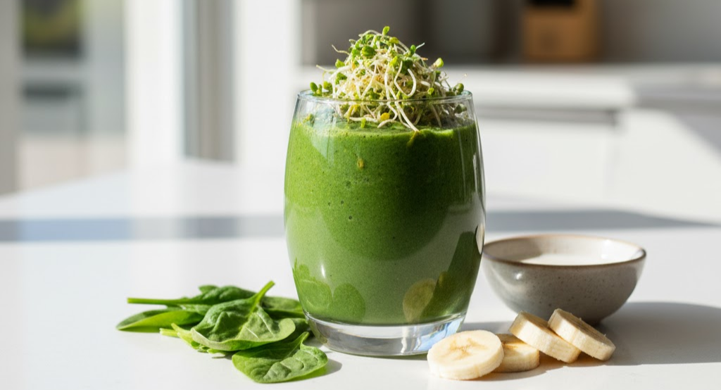 Green smoothie topped with broccoli sprouts on a kitchen table