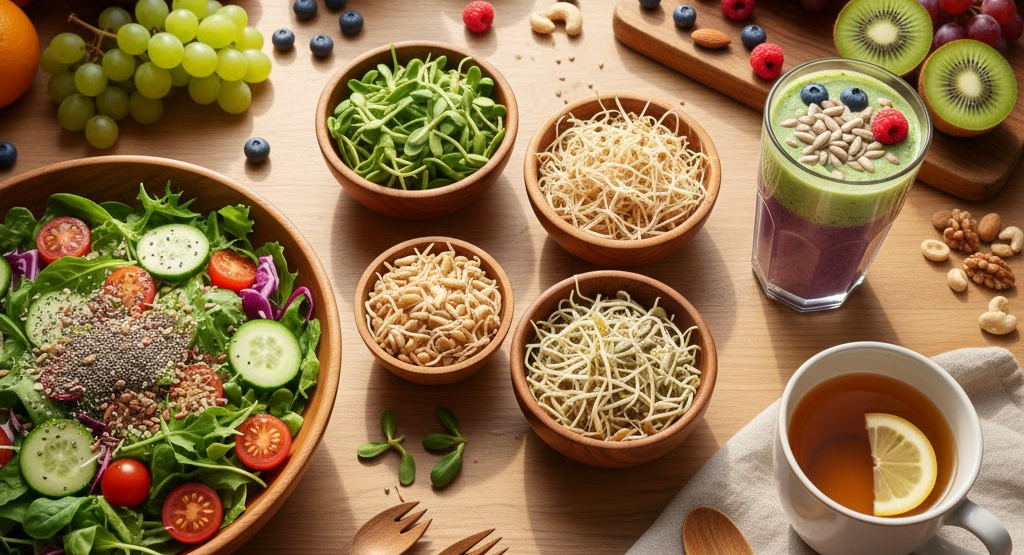 Kitchen setup with sprouted seeds, salad, and smoothie