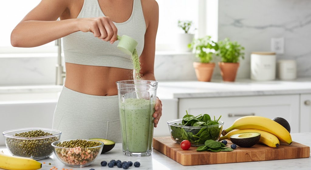 Person making a sprouted protein smoothie in kitchen.