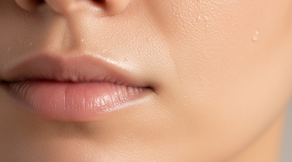Close-up of hydrated human facial skin