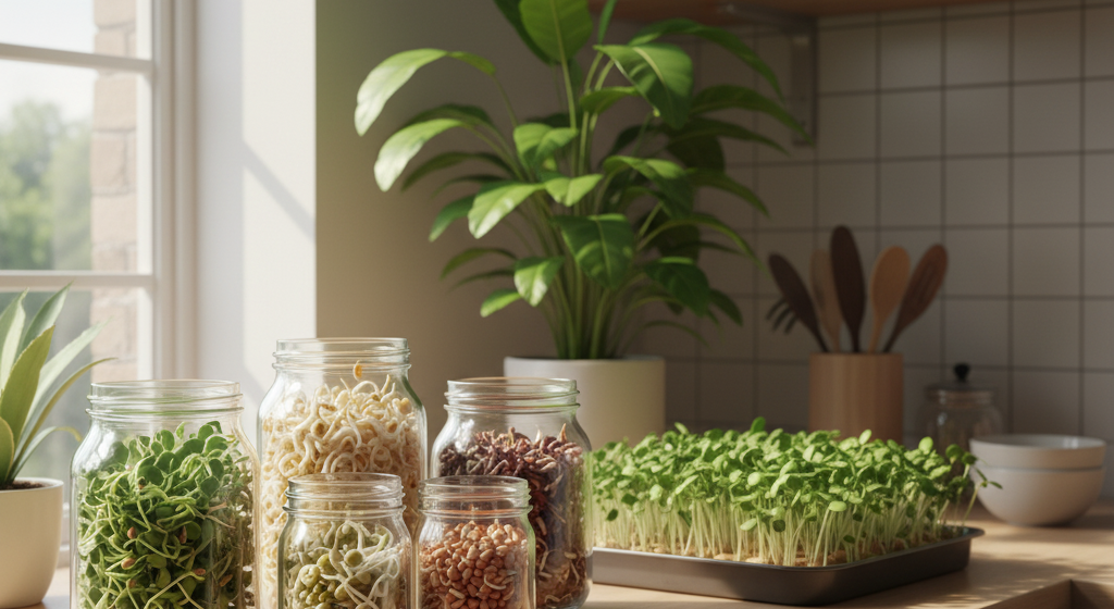 Home sprouting station with jars of sprouted seeds.