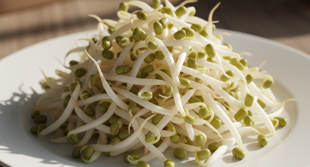Close-up of mung bean sprouts on a white plate.