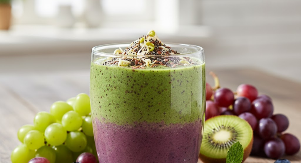 Glass of smoothie topped with sprouted seeds