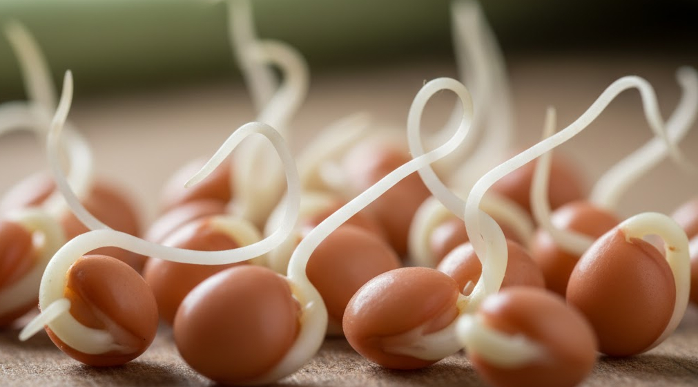 Close-up of sprouted lentils with visible shoots.