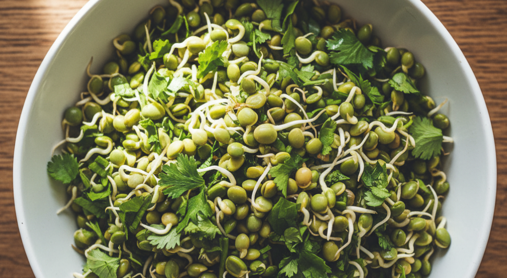 Bowl of sprouted lentils with fresh herbs.