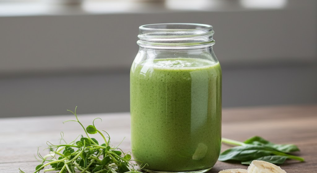 Green smoothie made with sprouted peas and spinach.