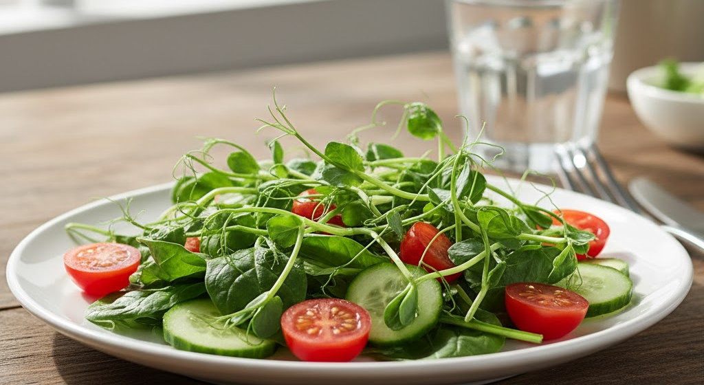 Fresh salad with sprouted peas, cherry tomatoes, and greens