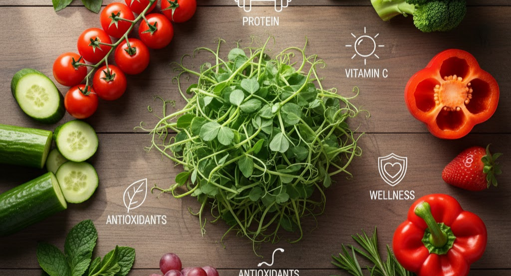 Sprouted peas with vegetables illustrating nutrient density.