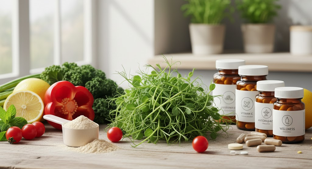 Sprouted peas with protein powder and vegetables as a superfood.