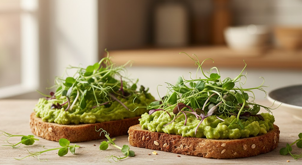 Whole-grain toast topped with avocado and sprouted peas.
