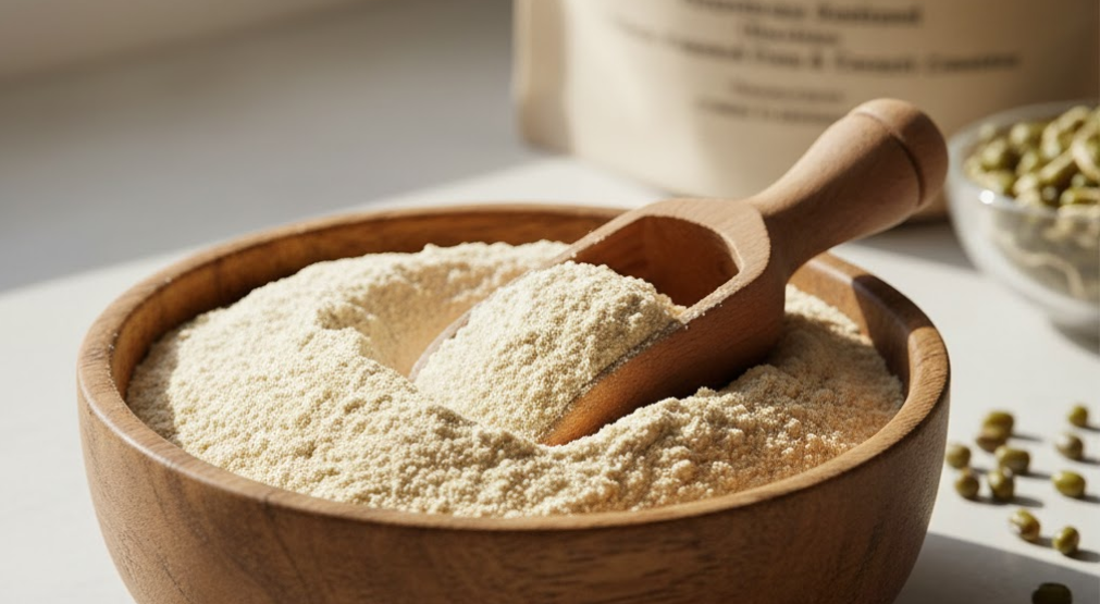 Bowl of sprouted protein powder with wooden scoop.