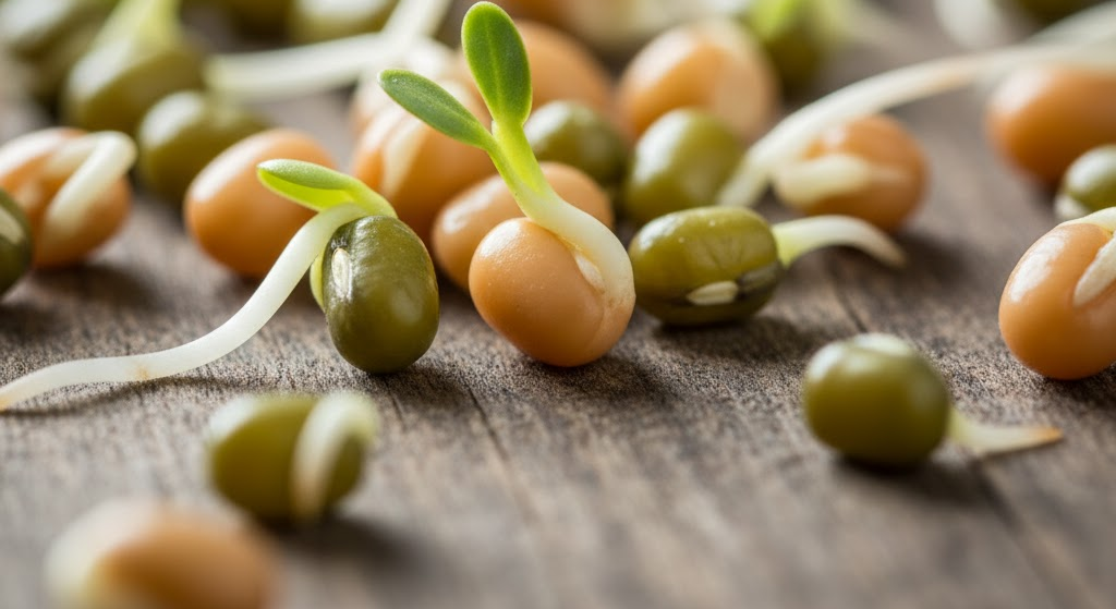 Close-up of fresh sprouted seeds on a wooden surface