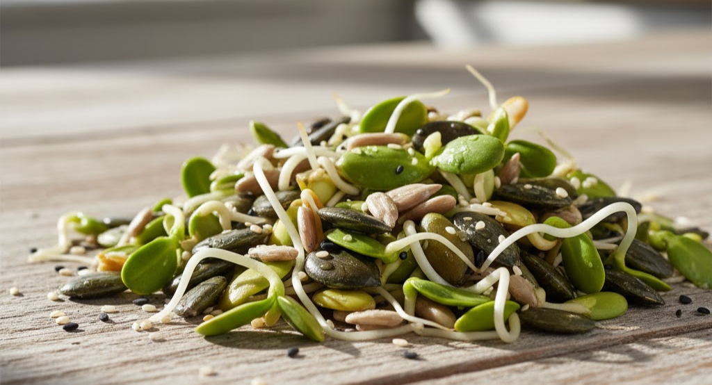 Assortment of fresh sprouted sunflower, pumpkin, and sesame seeds
