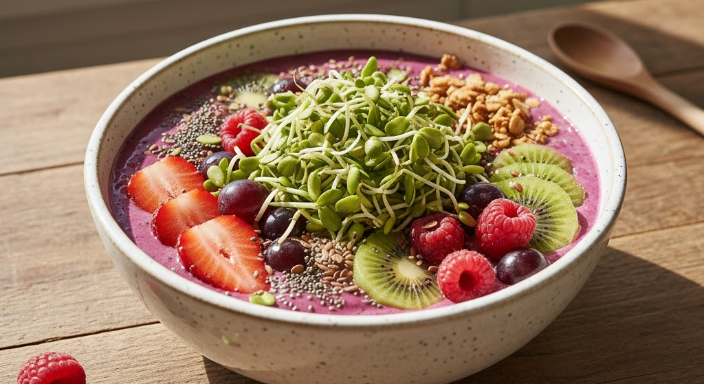 Smoothie bowl with sprouted seeds and fresh fruits