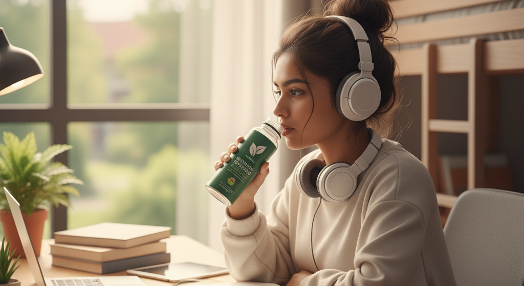 Student studying with a sprouted protein drink on the desk