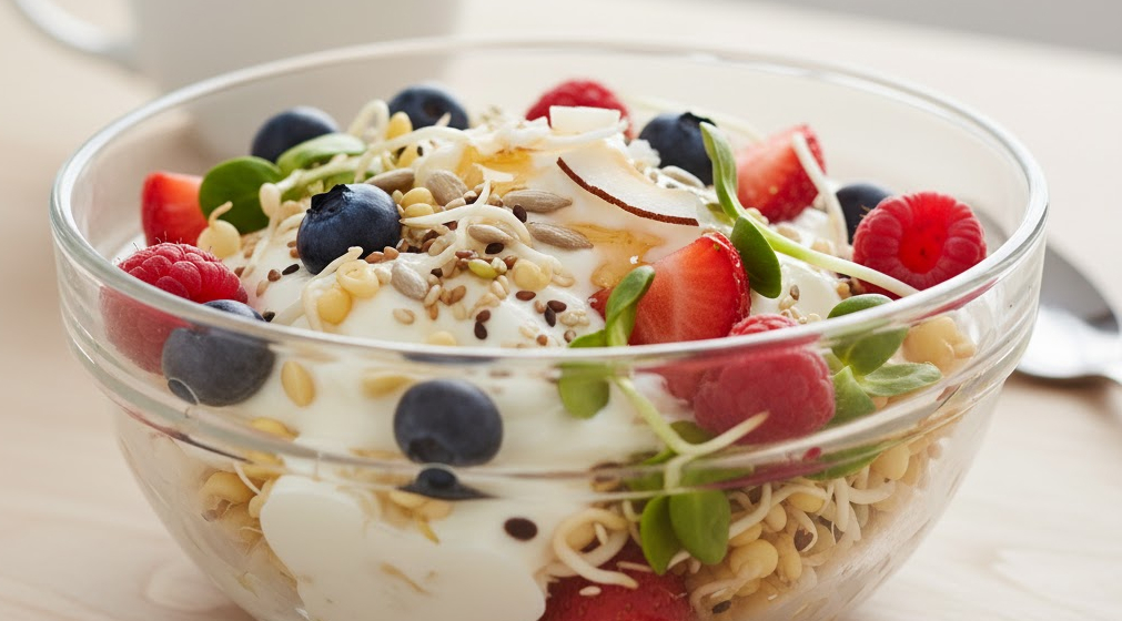 Sprouted seeds with yogurt and berries in a glass bowl