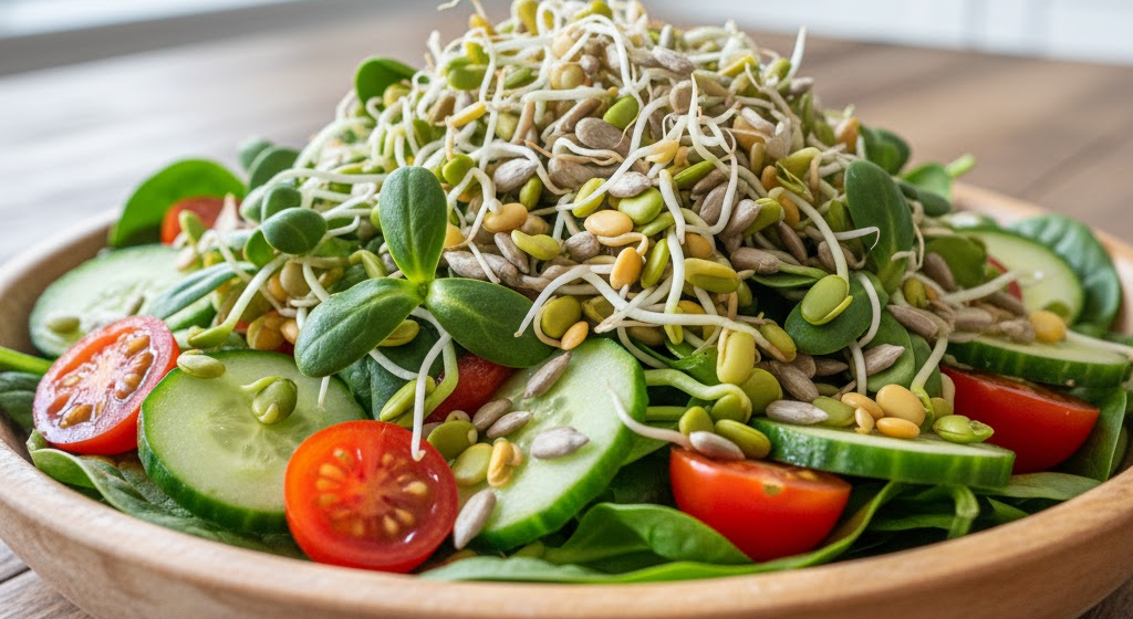 Colorful vegetable salad topped with sprouted seeds