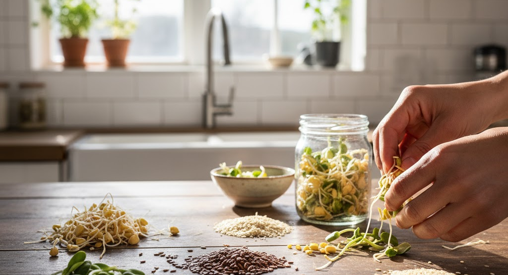Variety of sprouted seeds on a kitchen counter