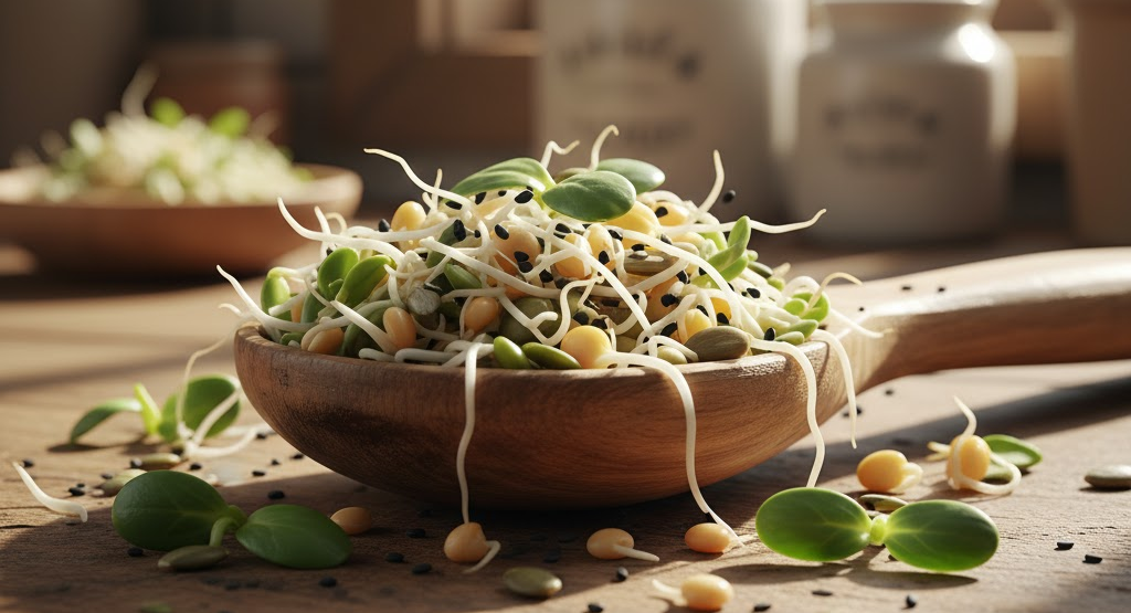 Wooden spoon filled with sprouted seeds