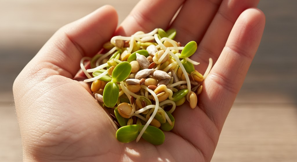 Hand holding handful of sprouted seeds