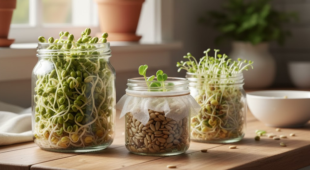 Jars with sprouting seeds on a kitchen counter