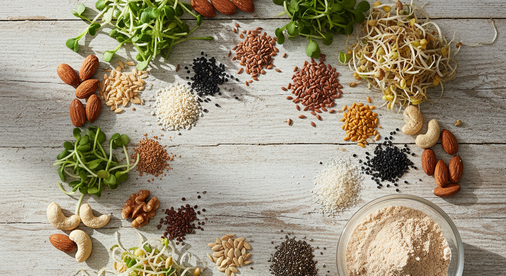 Different sprouted protein drink bottles in chocolate, vanilla, and berry flavors