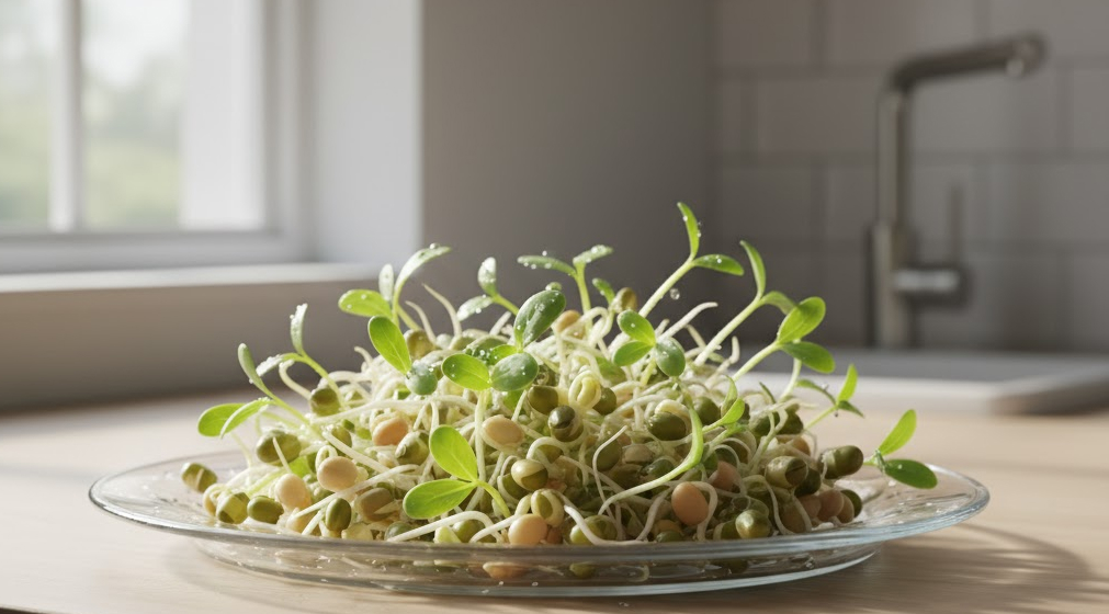 Fresh mung bean sprouts rich in vitamin C.