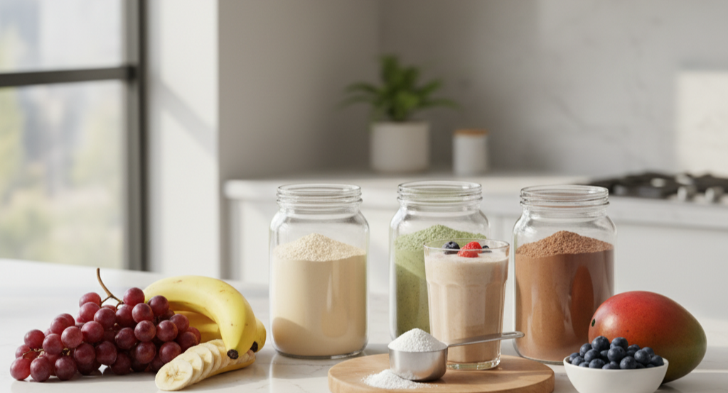 Protein powders and shakes with fresh ingredients.
