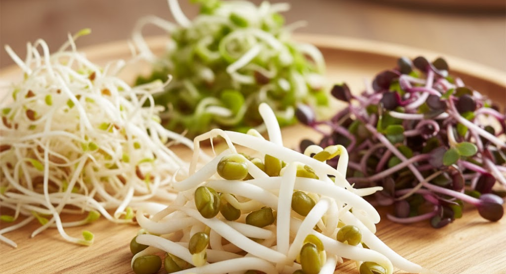 Close-up of alfalfa, mung bean, and radish sprouts on a wooden plate