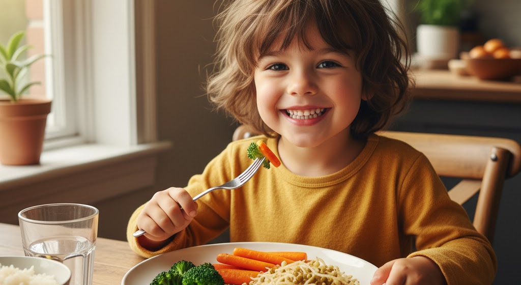 Happy child eating cooked sprouts and vegetables at home